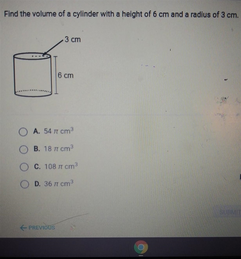 Find the volume of a cylinder with a height of 6 cm and a radius of 3 cm. 3 cm 6 cm-example-1