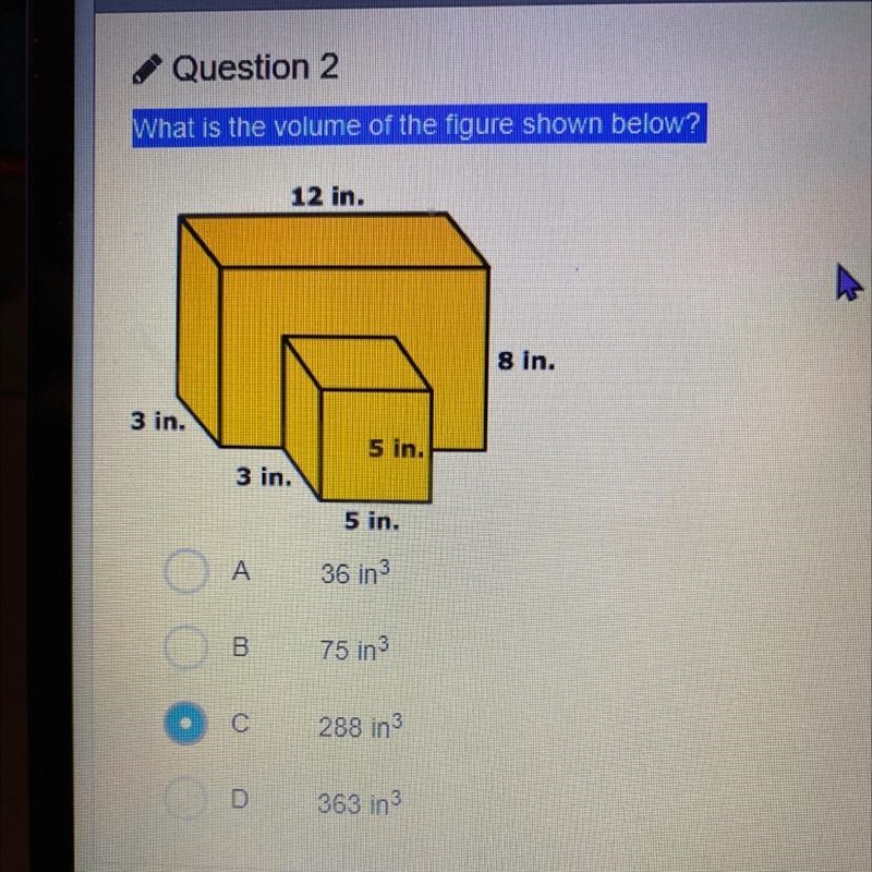 What is the volume of the figure shown below? 12 in. 8 in. 3 in. 5 in. 3 in. 5 in-example-1