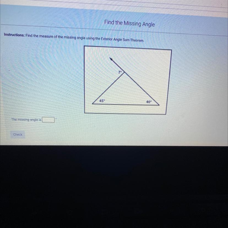 Find the measure of the missing angle using the exterior angle sum theorm.-example-1