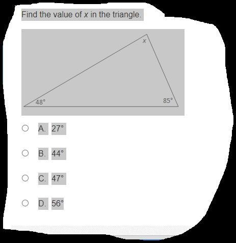 Find the value of x in the triangle. A triangle is shown with interior angles labeled-example-1