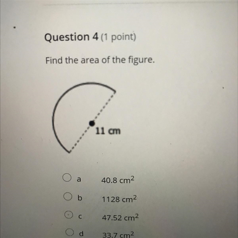 Find the area of the figure. 40.8 cm2 1128 cm2 47.52 cm2 33.7 cm2-example-1