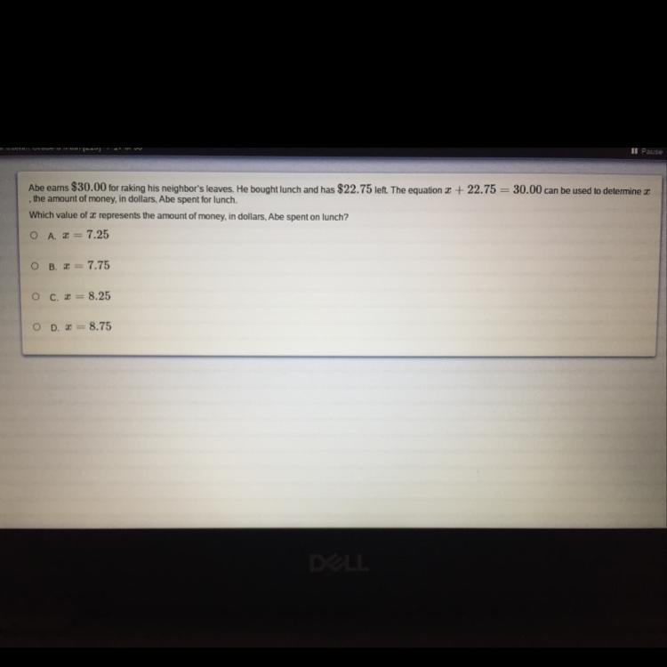Abe earns $30.00 for raking his neighbor's leaves. He bought lunch and has $22.75 left-example-1