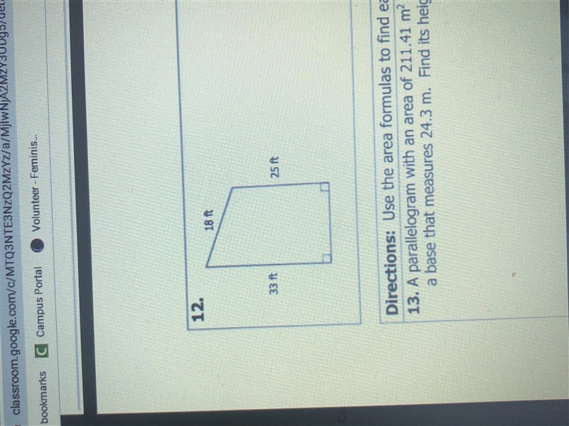 Need help on 12...have to find the area..teacher said to use pythagreoum(how ever-example-1