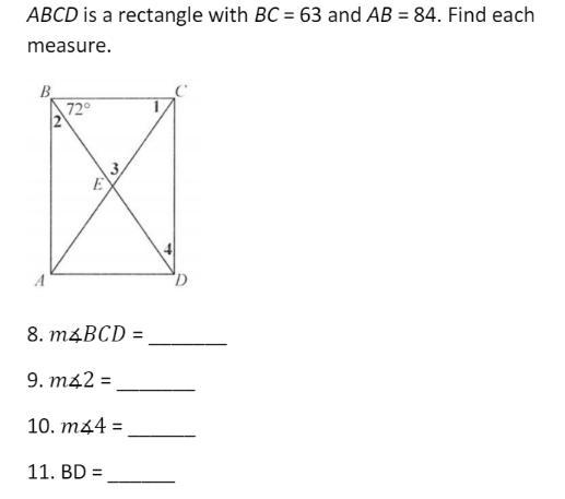 ABCD is a rectangle with BC =63 and AB = 84. Find each measure.-example-1