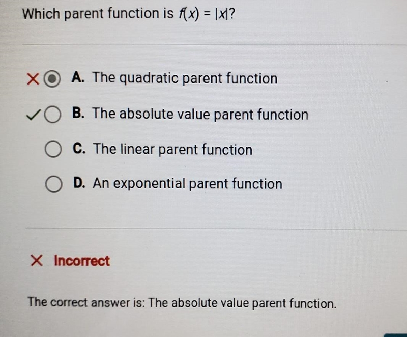 Which parent function is f(x) = |x|? A. The quadratic parent function B. The absolute-example-1