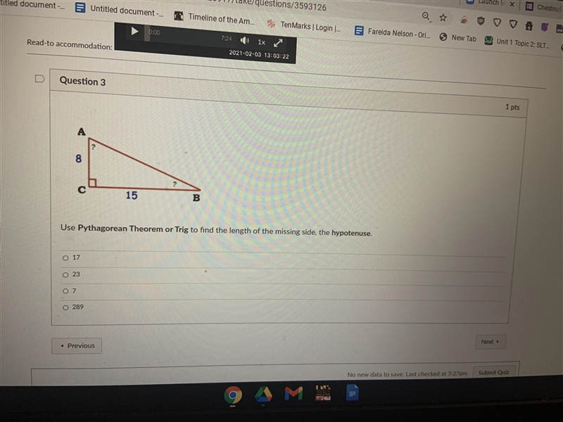 Use the pythagorean theorem or trig to find the length of the missing side, the hypotenuse-example-1