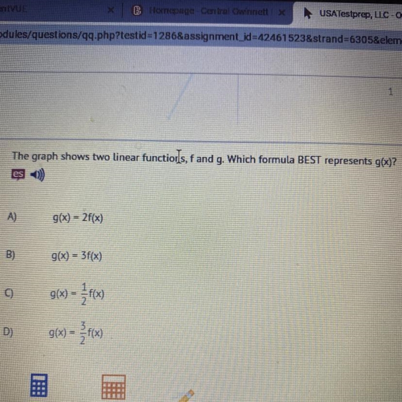 The graph shows two linear functions, f and g. Which formula BEST represents g(x)? A-example-1