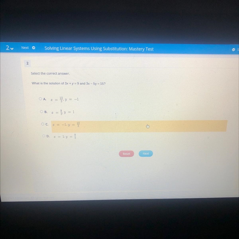 Select the correct answer. What is the solution of 3x + y = 9 and 3x - 5y = 15? OA-example-1