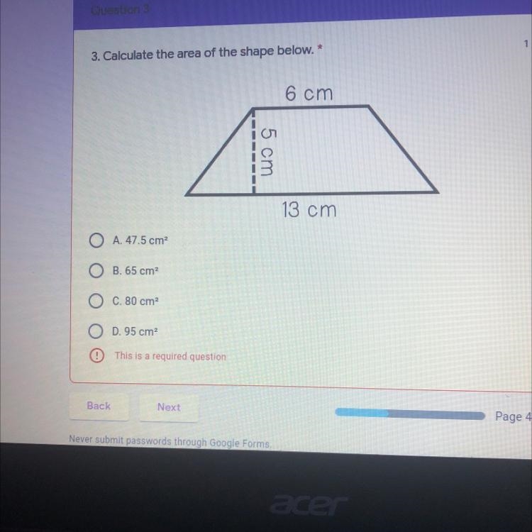 Calculate the area of the shape below 6 cm 5 cm 13 cm-example-1