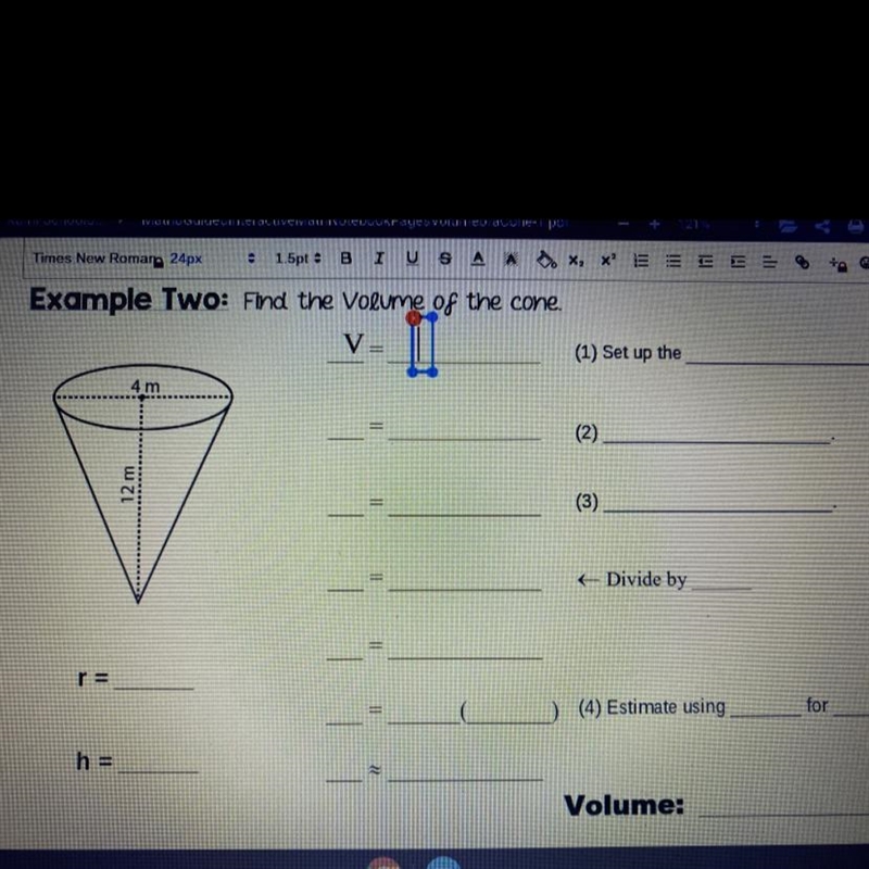 Please help this is (finding the volume of a cone) any tips, answers anything ??-example-1