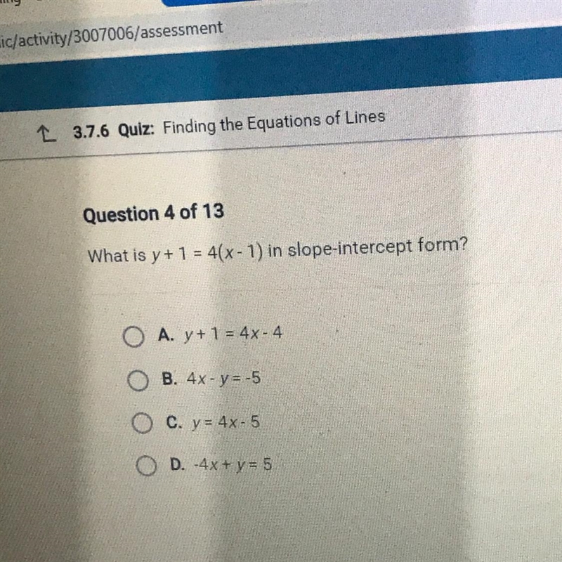 HELPPP ME PLSSSSSSSSSS PEOPLEE I NEED HELP QUICKKK What is y + 1 = 4(x - 1) in slope-example-1