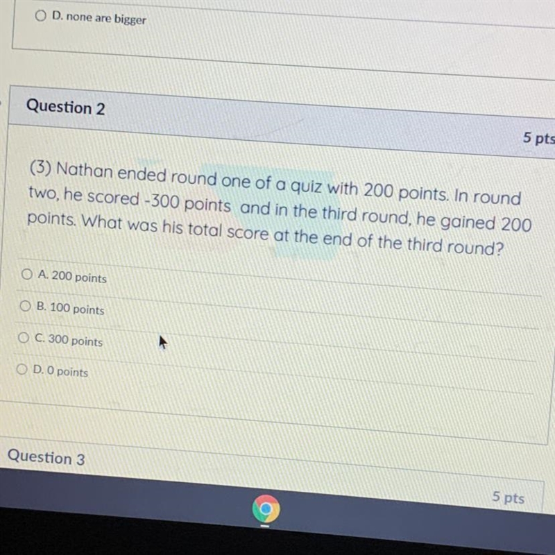 Nathan ended round one of a quiz with 200 points. In round two, he scored -300 points-example-1