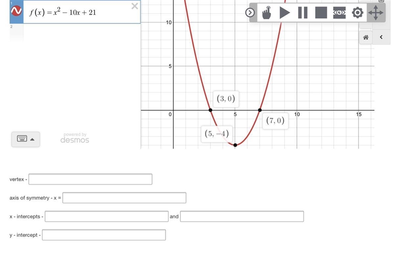 Use the Desmos graph and equation to get the answer to the vertex, axis of symmetry-example-1