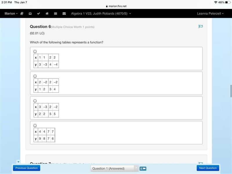 Which of the following tables represents a function?-example-1