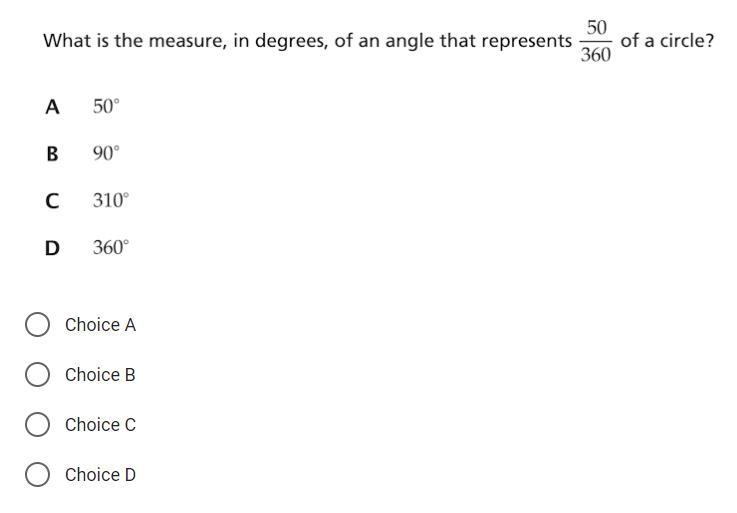 What is the measure, in degrees, of an angle that represents 50/350 of a circle?-example-1