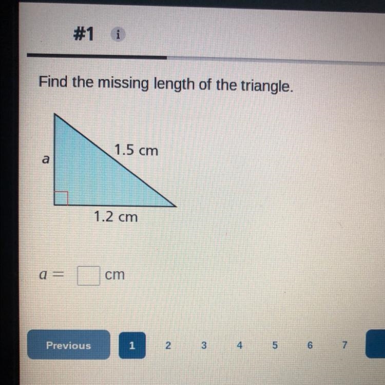 Find the missing length of the triangle. 1.5 cm a 1.2 cm a = cm-example-1