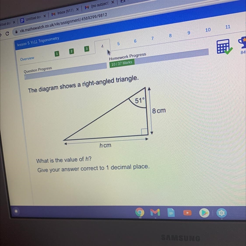 The diagram shows a right-angled triangle. 51° 8 cm hcm What is the value of h? Give-example-1