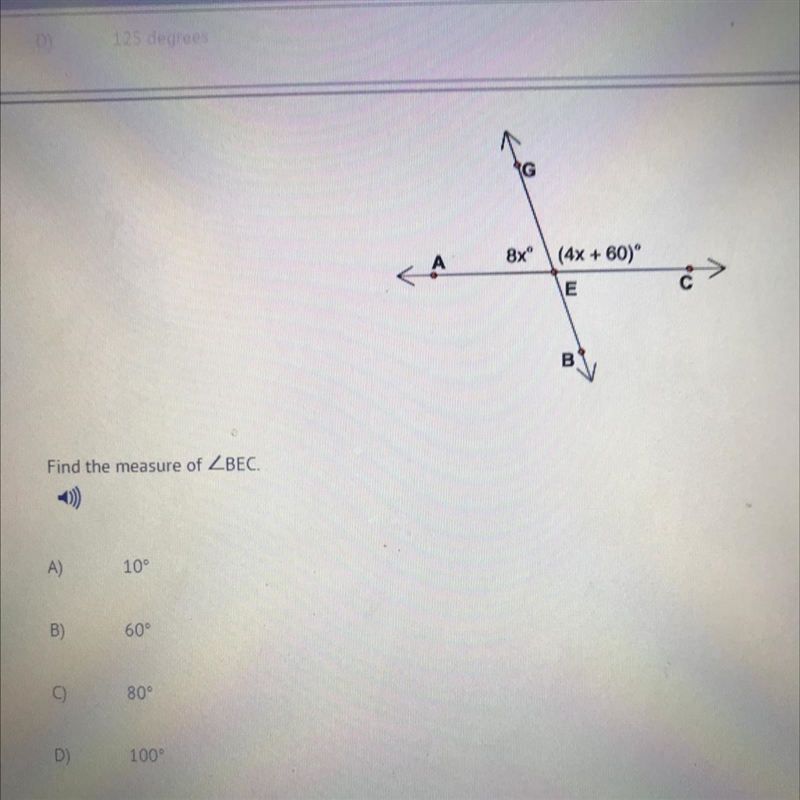 Find the measure of angle BEC A) 10 degrees B)60 degrees C) 80 degrees D) 100 degrees-example-1