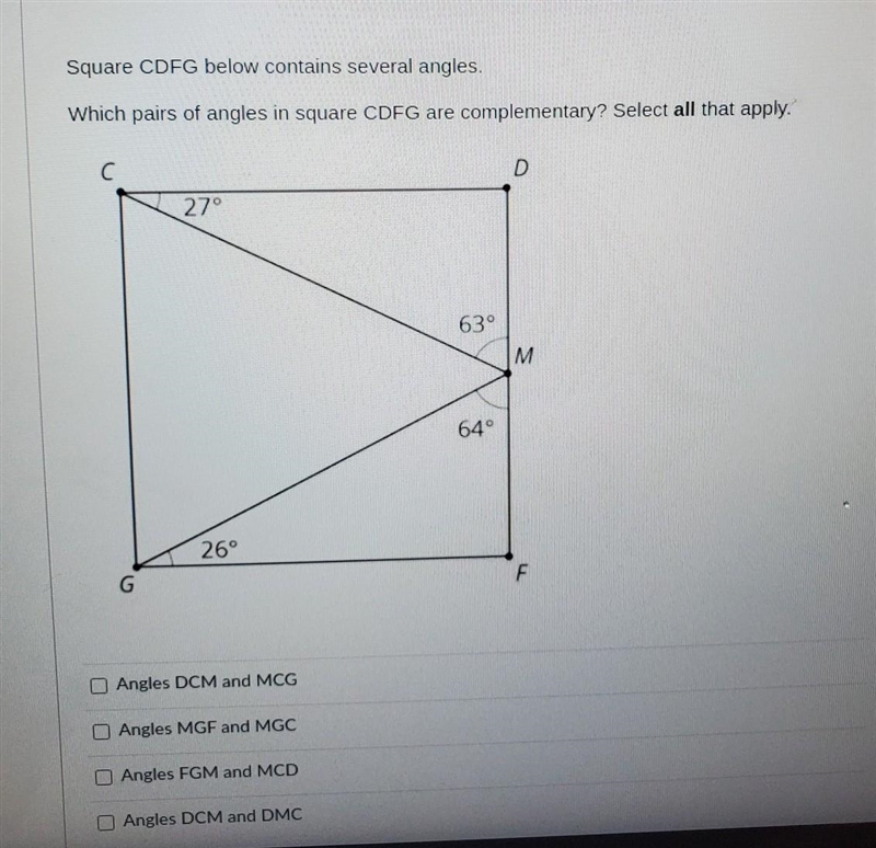 Square CDFG below contains several angles. Which pairs of angles in square CDFG are-example-1