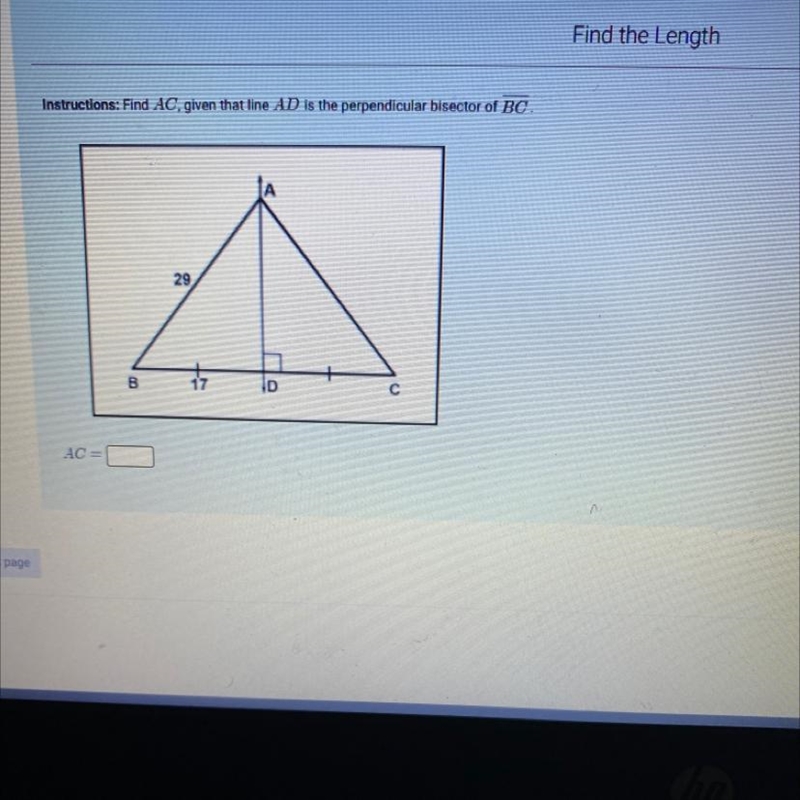 Find AC , given that line AD is the perpendicular bisector of BC-example-1