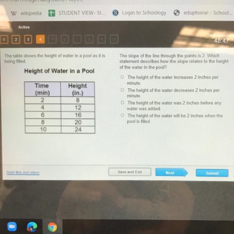 The table shows the height of water in a pool as it is being filled The slope of the-example-1