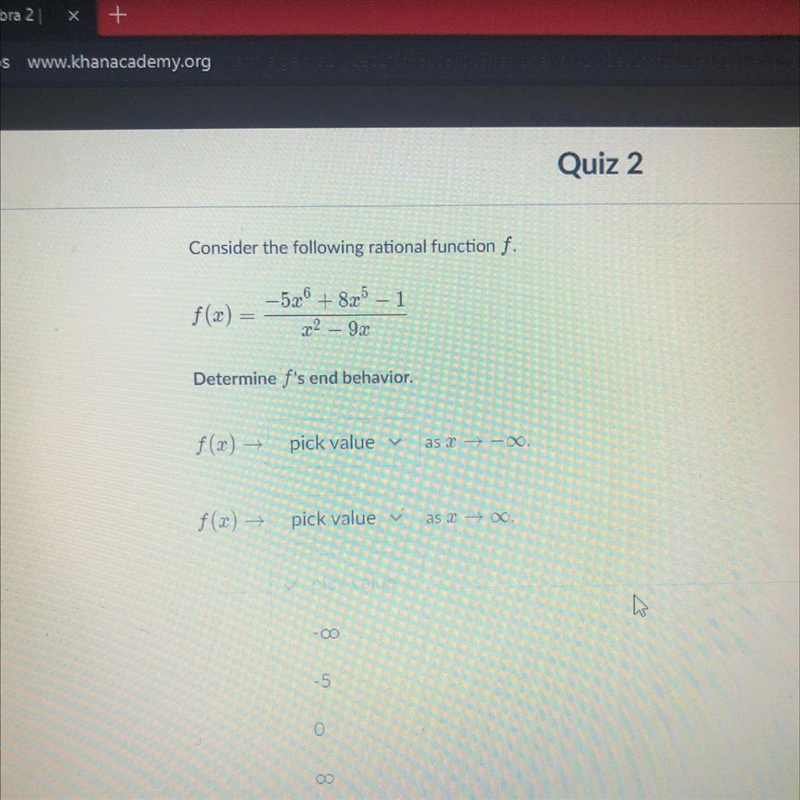 Determine f’s end behavior f(x)= -5x^6+8x^5-1/ x^2 -9-example-1