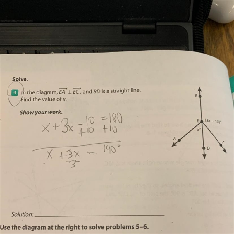 In the diagram EA —> _|_ EC —>, and BD is straight line. Find the value of x-example-1