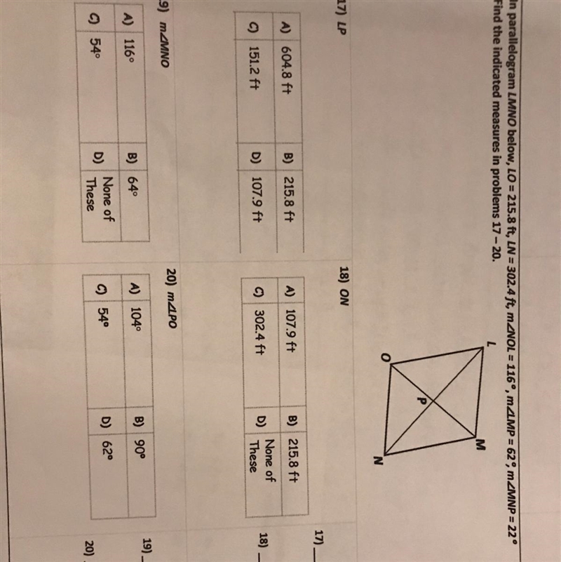 Can someone help me with answers 17-20 pls ! In parallelogram LMNO below, LO= 215.8 ft-example-1