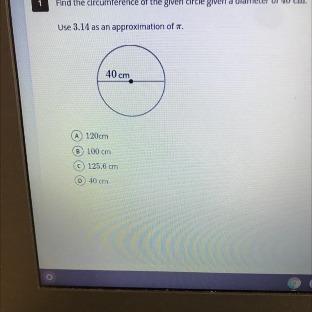 Find the circumference of the given circle given a diameter of 40 cm. Use 3.14 as-example-1