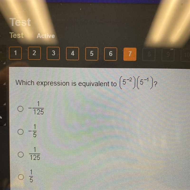 Which expression is equivalent to (5^-2)(5^-1) -1/125 -1/5 1/125 1/5-example-1