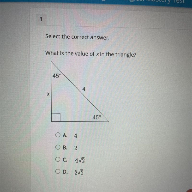 Select the correct answer. What is the value of x in the triangle?-example-1