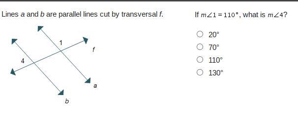 If m ∠1 = 110°, What is m∠4 PLS HELP ASAP-example-1