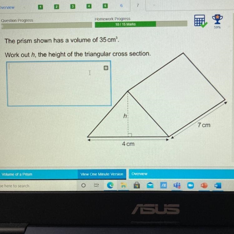 Someone help please The prism shown has a volume of 35 cm'. Work out h, the height-example-1