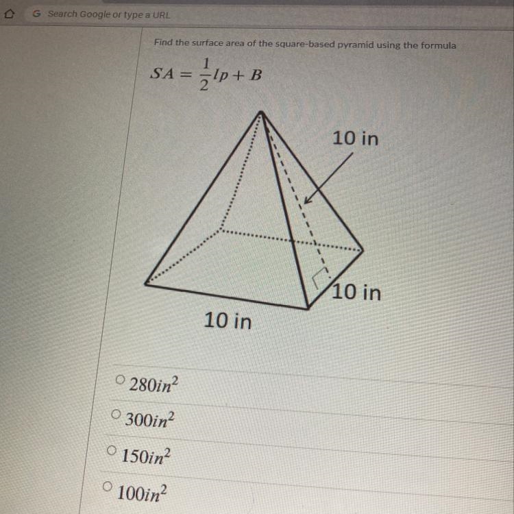 Please help me! a) 280in2 b) 300in2 c) 150in2 d) 100in2-example-1