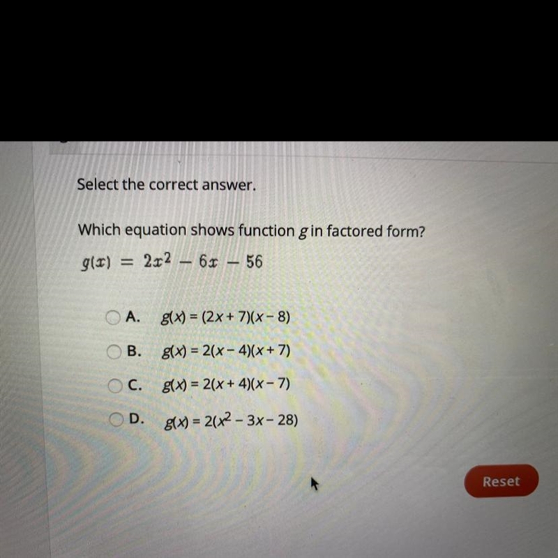 Select the correct answer. Which equation shows function gin factored form? g(x) =2x-example-1