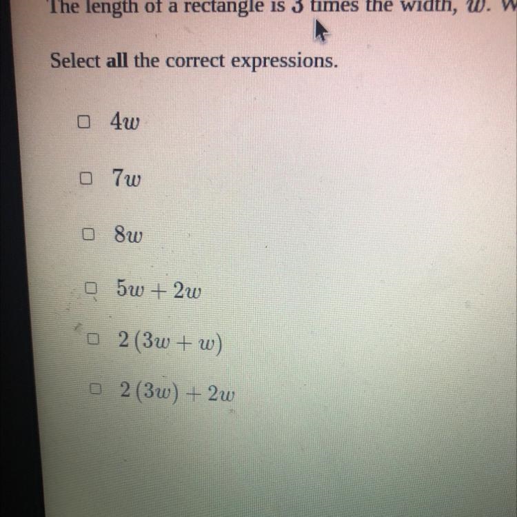 The length of a rectangle is 3 times the Width W which expressions represent the perimeter-example-1