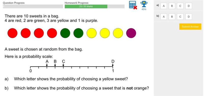 There are 10 sweets in a bag 4 are red, 2 are green, 3 are yellow,1 is purple-example-1