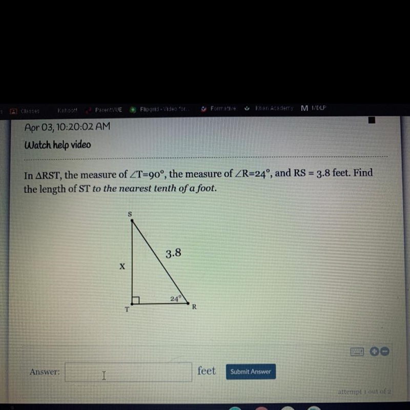 Watch help video In ARST, the measure of ZT=90°, the measure of ZR=24°, and RS = 3.8 feet-example-1