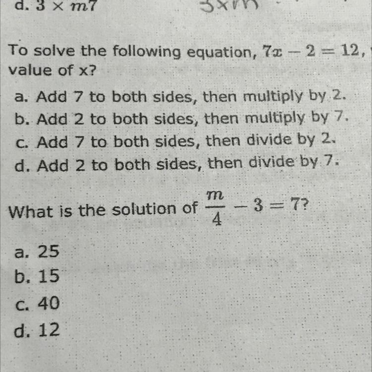 to solve the following equation , 7x - 2 = 12 , which of the choices below is a correct-example-1