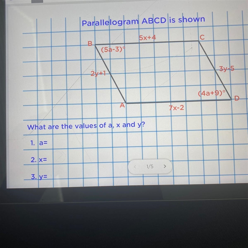 Parallelogram ABCD what are the values of a x and y-example-1