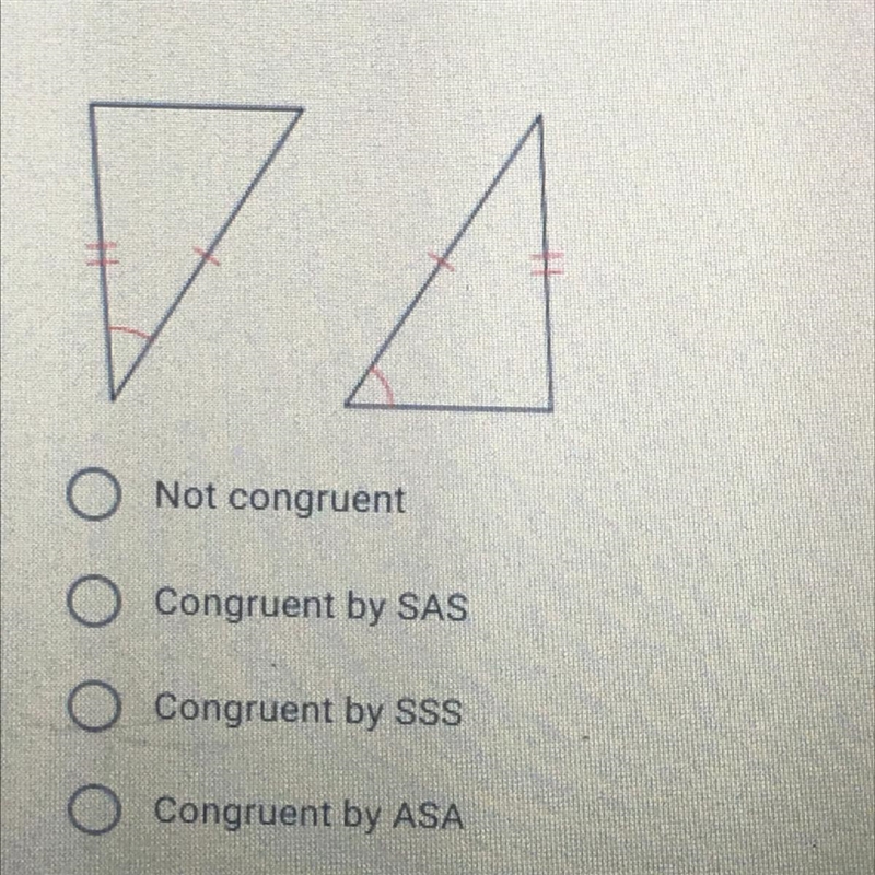 A : Not congruent B : Congruent by SAS C : Congruent by SSS D : Congruent by ASA-example-1