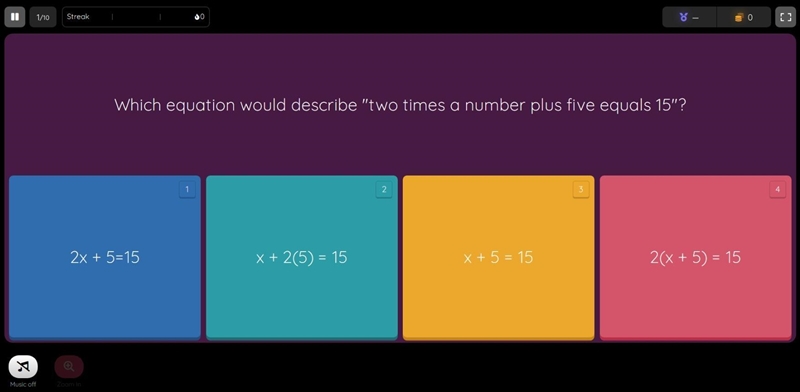 Which equation would describe "two times a number plus five equal 15"-example-1