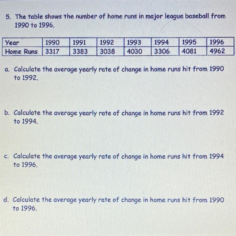 A. Calculate the average yearly rate of change in home runs hit from 1990 to 1992.-example-1