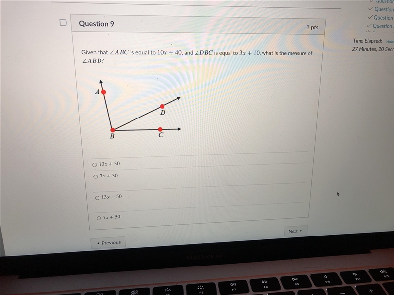 Given that angle ABC is equal to 10 X +40 and angle DBC is equal to 3X +10 what is-example-1