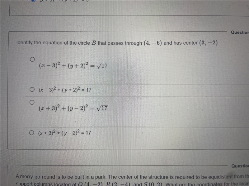 Identify the equation of the circle B that passes through (4, -6) and has center (3, -2).-example-1