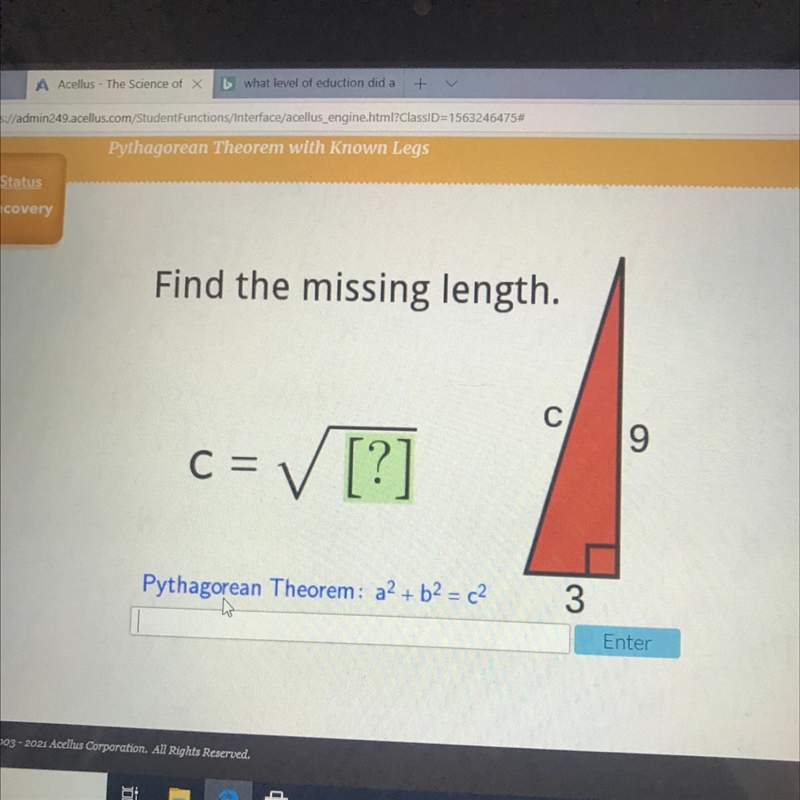 Find the missing length 3 9 c-example-1