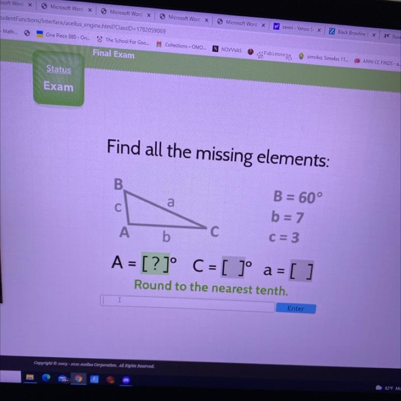 Find all the missing elements: В. a С B = 60° b = 7 C = 3 Ab C A = [?]° C = [ ]º a-example-1