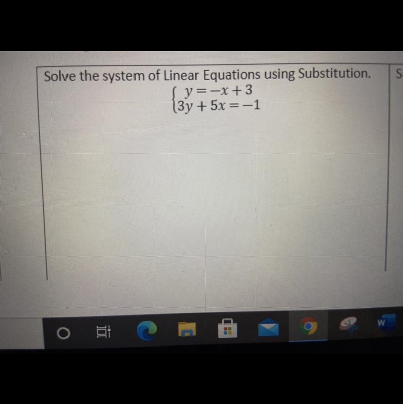 Solve the system of liner equations using substitution {y=-x+3 3y+5x=-1-example-1