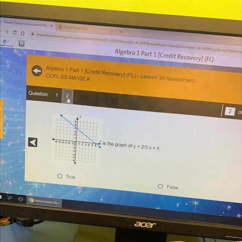 True or false is the graph of y = 2/3 x + 4-example-1