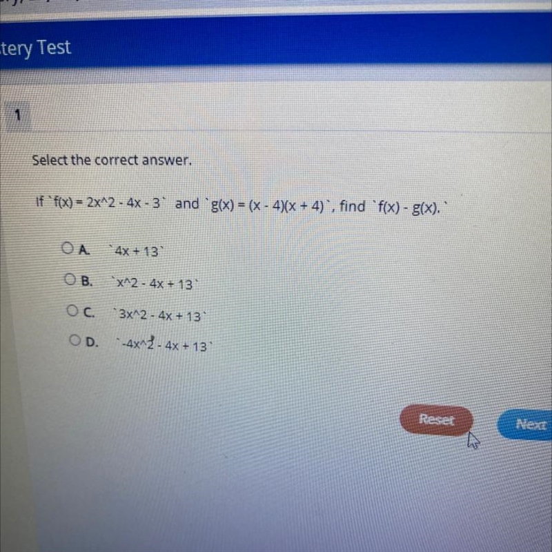 If f(x) = 2x^2 - 4x - 3' and `g(x) = (x - 4)(x + 4)", find 'f(x) - g(x).-example-1